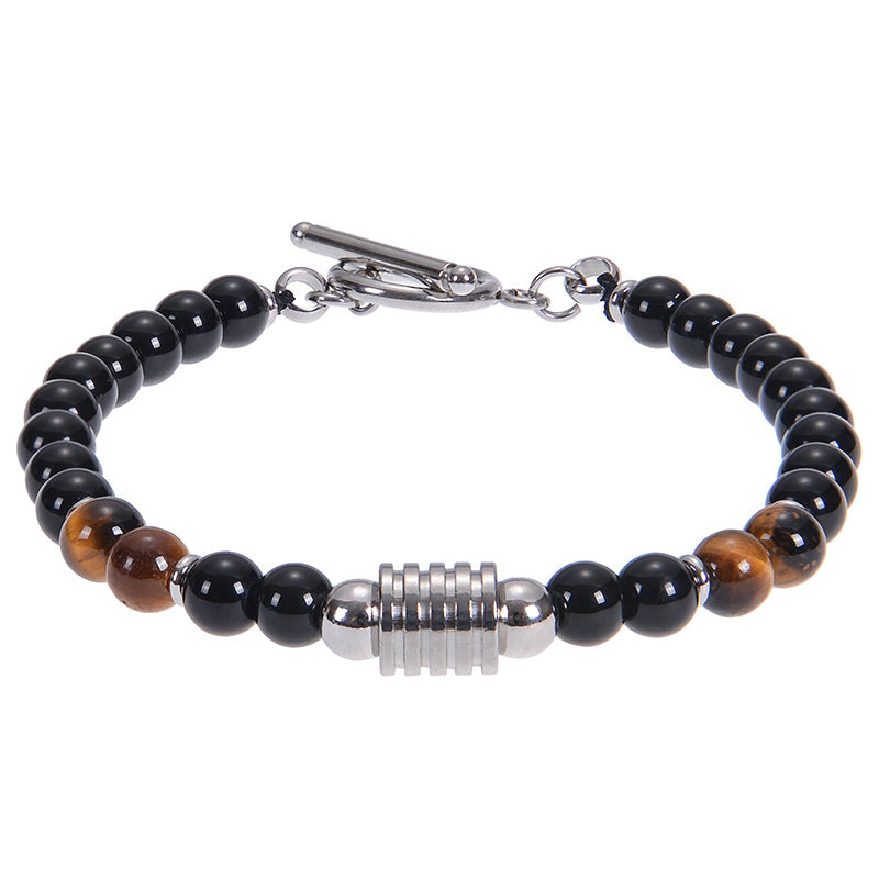 6mm Obsidian and Tiger's Eye Geometric Stone Unisex Bracelet with Stainless Steel Clasp