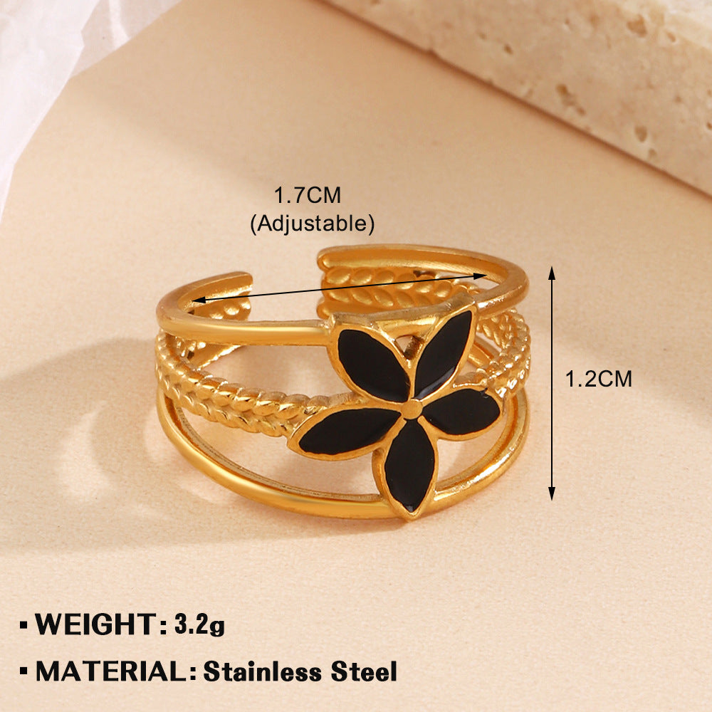 Geometric Cross Floral Black Enamel 18K Gold Plated Open Stainless Steel Ring