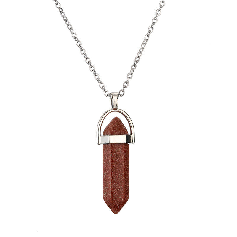 Ethnic Geometric Stainless Steel Natural Stone Crystal Pendant Necklace