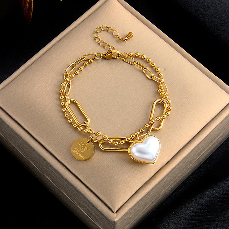 18K Gold Plated Titanium Steel Heart Shape Pearl Double-Layered Bracelet for Women