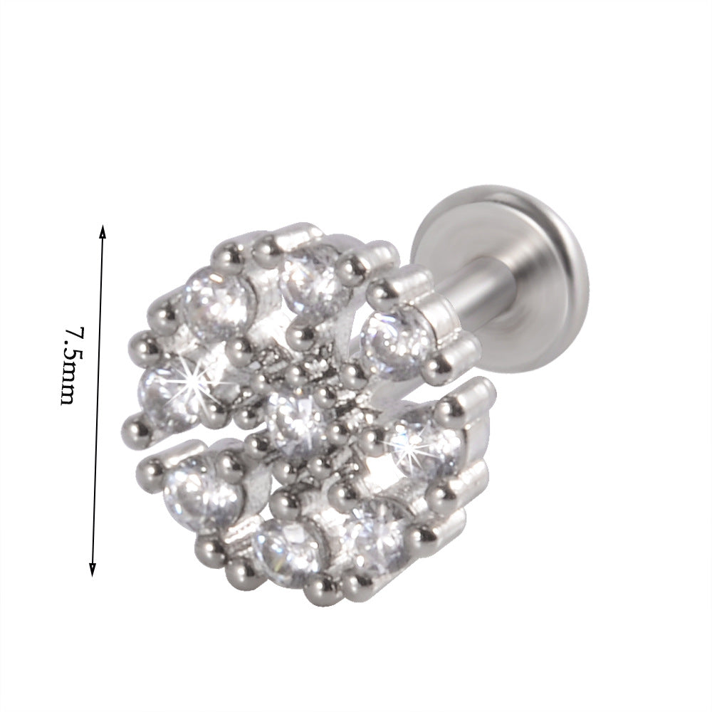 Heart & Moon Flower Lip and Ear Studs - Stainless Steel & Titanium with Zircon Inlay