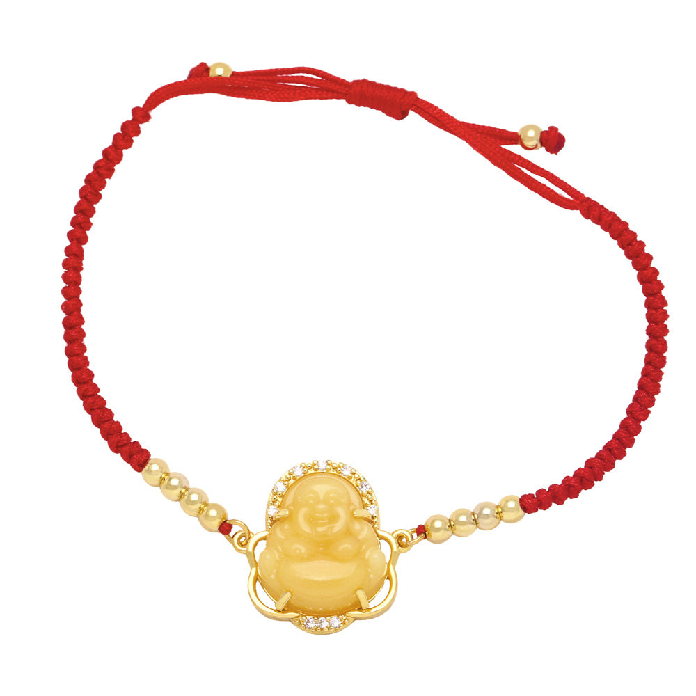 Fashion Buddha Gold Plated Zircon Beaded Copper Bracelet with Red String Design