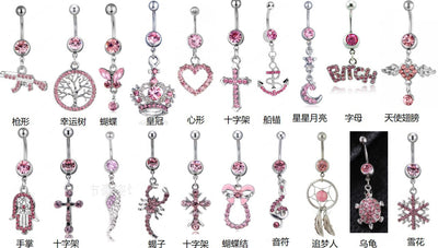 European American Butterfly Cross Floral Heart Belly Button Ring Set - 20pcs Pink Collection