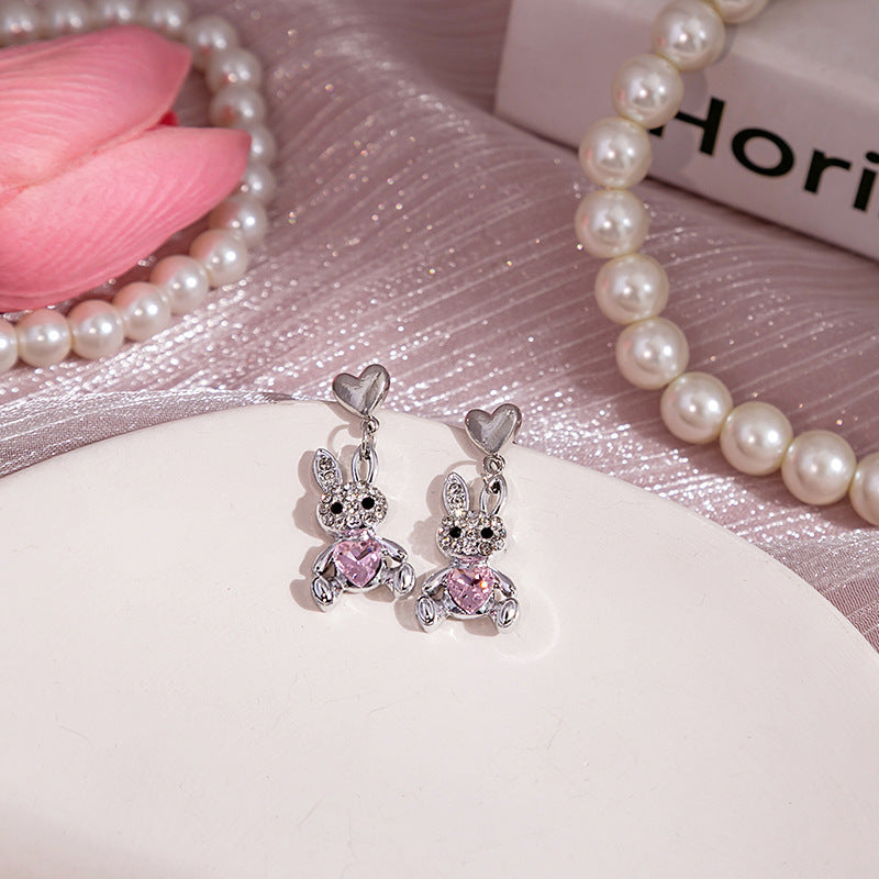 Simple Star Heart Bow Knot Zircon Drop Earrings with Pink Rabbit Dolphin Cat Studs