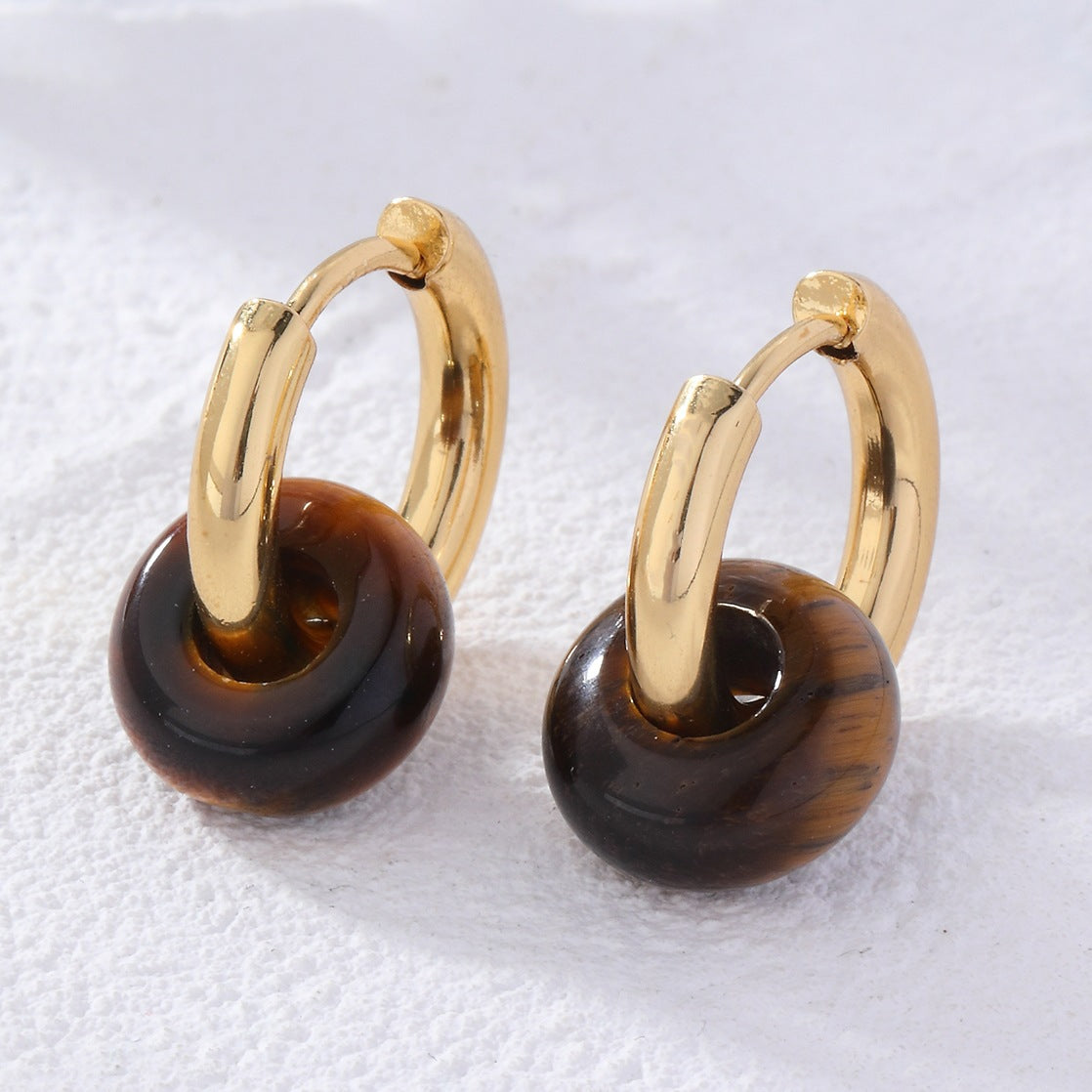 Retro Round Plating Stainless Steel Natural Stone Hoop Earrings