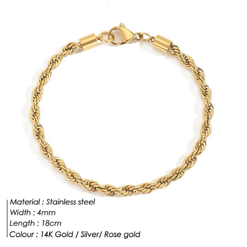 Stainless Steel Twist Chain Bracelet - 4mm Gold Hip Hop Punk Style Fashion Jewelry