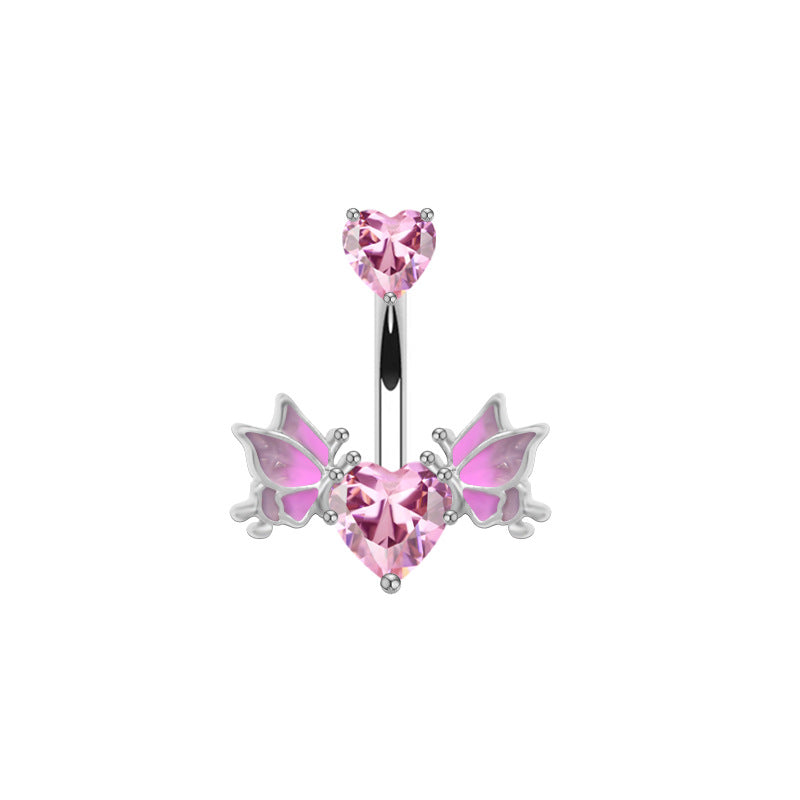 1 Piece Belly Rings Sexy Heart Shape Wings Butterfly 316 Stainless Steel  Alloy Inlay Rhinestones Glass White Gold Plated