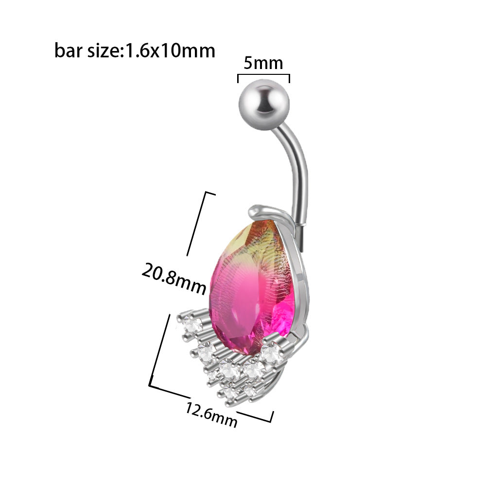 Heart Shape Zircon Inlay Stainless Steel Belly Ring with Rainbow Zircon Stones