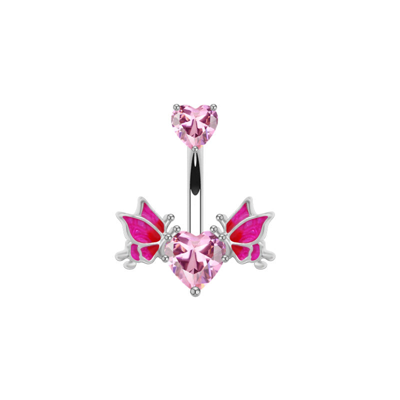 1 Piece Belly Rings Sexy Heart Shape Wings Butterfly 316 Stainless Steel  Alloy Inlay Rhinestones Glass White Gold Plated