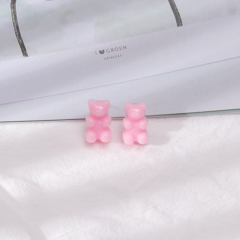 1 Pair Cartoon Bear Resin Rings and Candy Color Bear Stud Earrings for Women