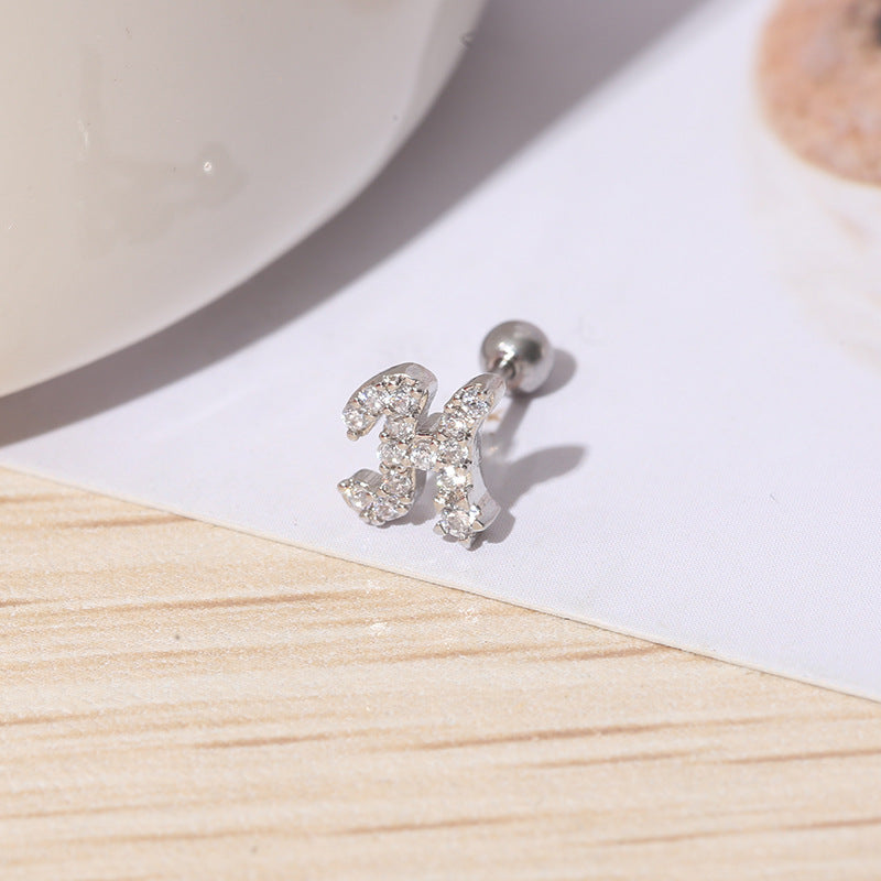 IG Style Shiny Letter Zircon Inlay Stainless Steel Cartilage Stud Earrings with Threaded Screw Closure