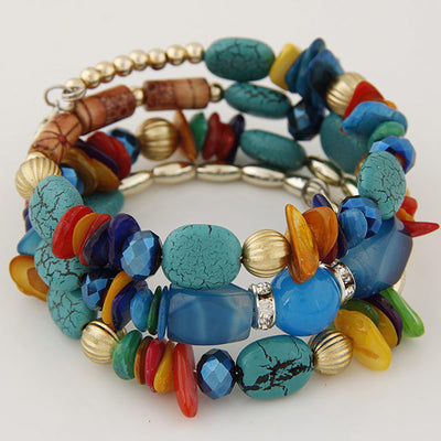 Bohemian Resin Beaded Layered Bangle Set with Agate and Shell Accents