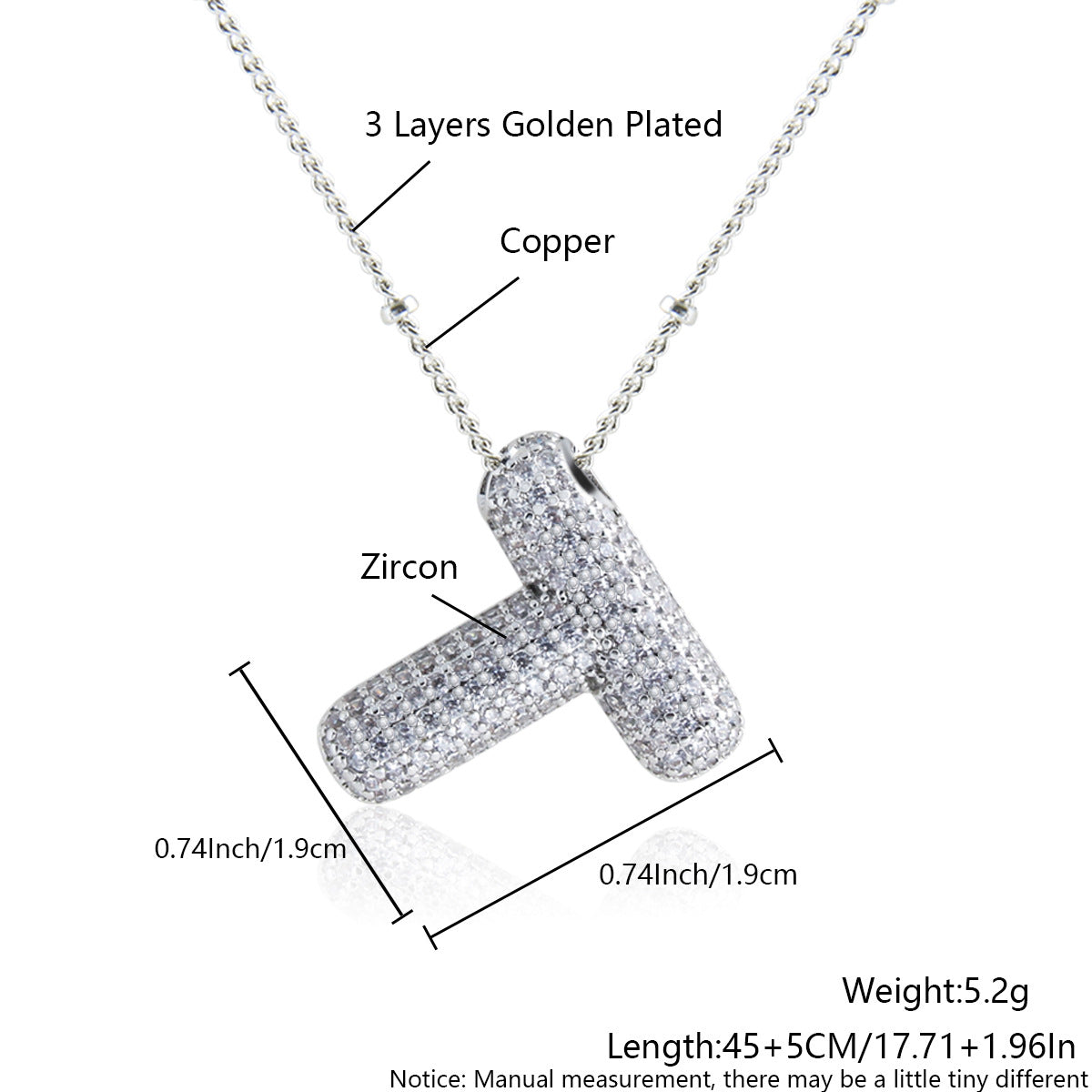 Elegant Zircon Letter Pendant Necklace - 304 Stainless Steel with Copper Plating