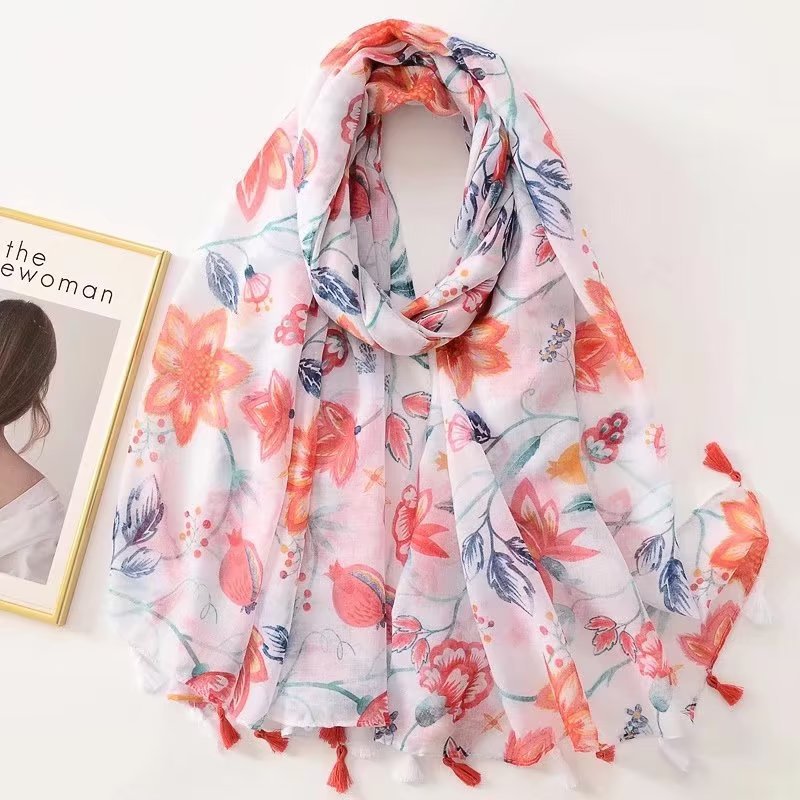 Pink Butterfly and Red Petal Print Tassel Scarf Shawl