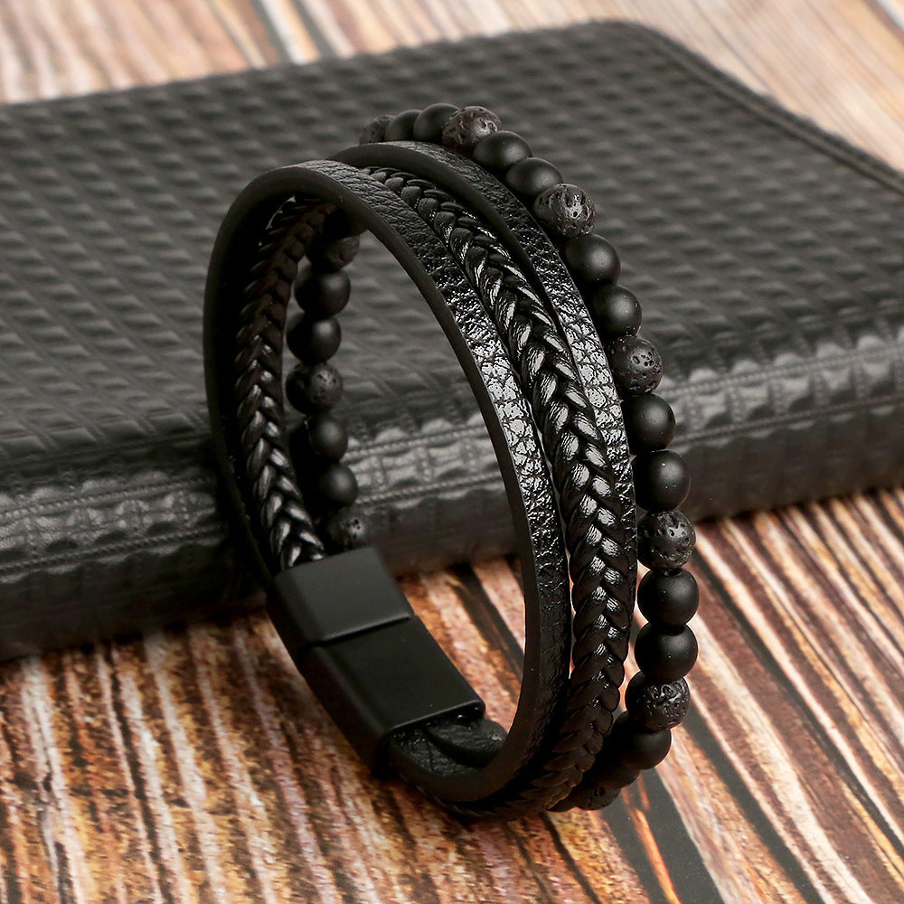 Hip-Hop Retro Round Pu Leather Natural Stone Knitting Men'S Bracelets