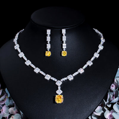 Luxurious Bridal White Gold Plated Gemstone Necklace and Earring Set
