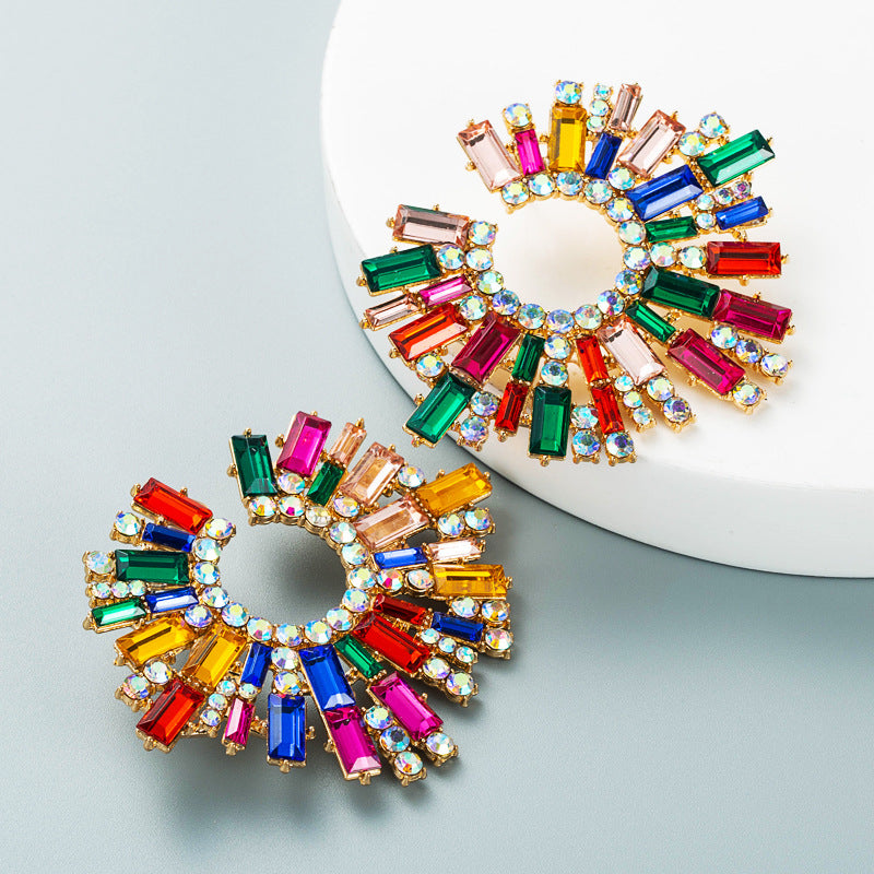 Retro European Alloy Inlaid Colorful Rhinestone Sunflower Earrings for Women