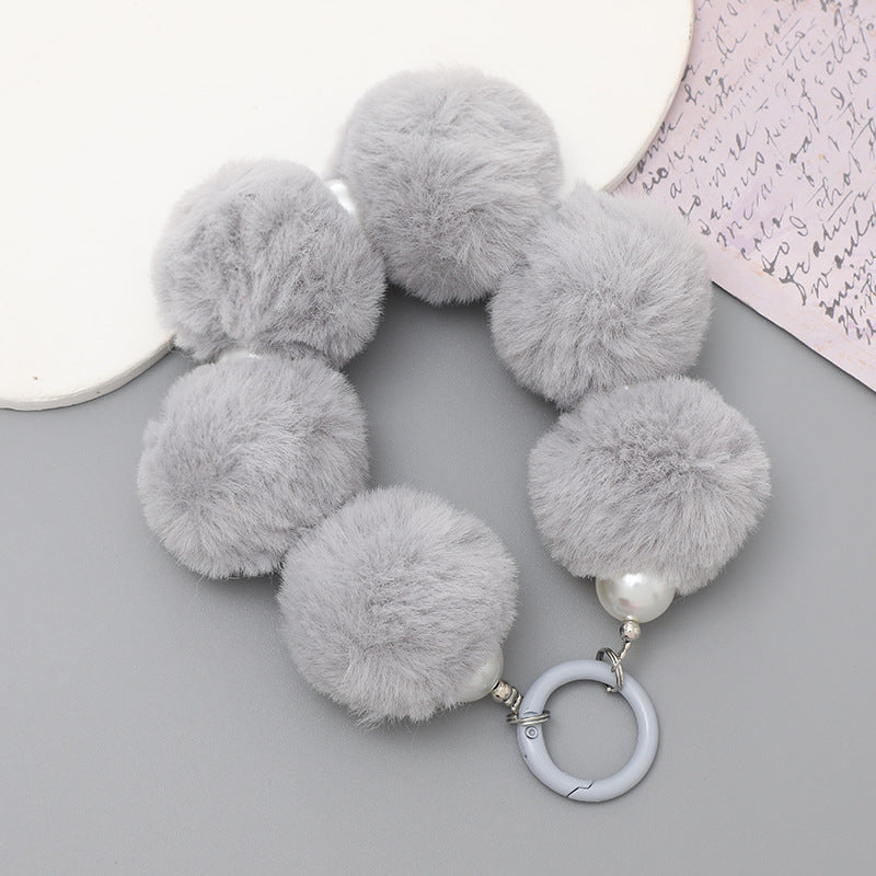 Sweet Flower Beaded Fur Ball Keychain and Phone Charm Bracelet