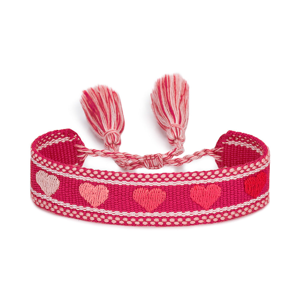 Modern Heart-Shaped Braided Polyester Bracelets with Adjustable Tassel Straps