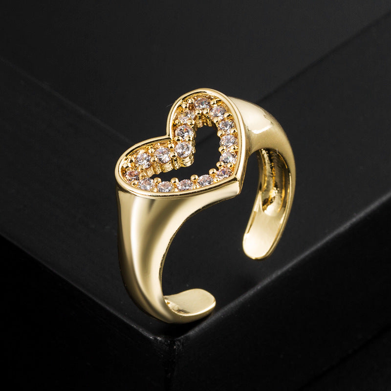 Fashion Minimalist Heart Shape Gold Plated Copper Ring with Zircon