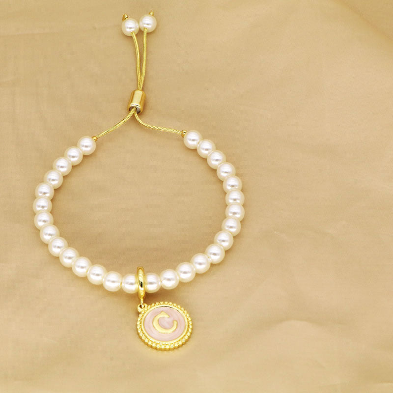 18K Gold Plated Adjustable Letter Pendant Imitation Pearl Bracelet