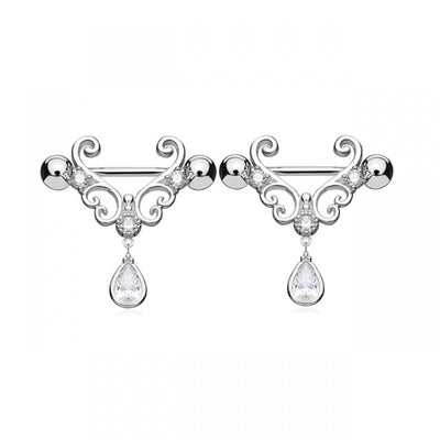 Heart Barbell Nipple Rings with Zircon Inlay - Stainless Steel & White Gold Plated