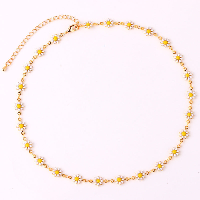 Fashion Daisy Enamel Flower Necklace and Bracelet Set - 18k Gold Plated