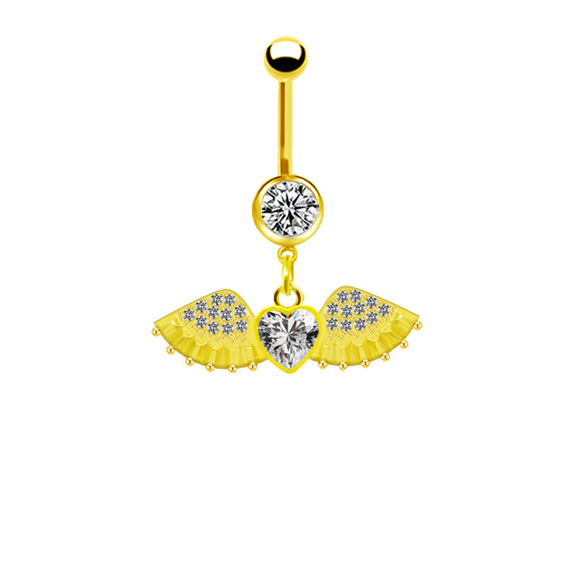 Gold Plated Heart & Star Belly Ring with Rhinestones and Wings Design