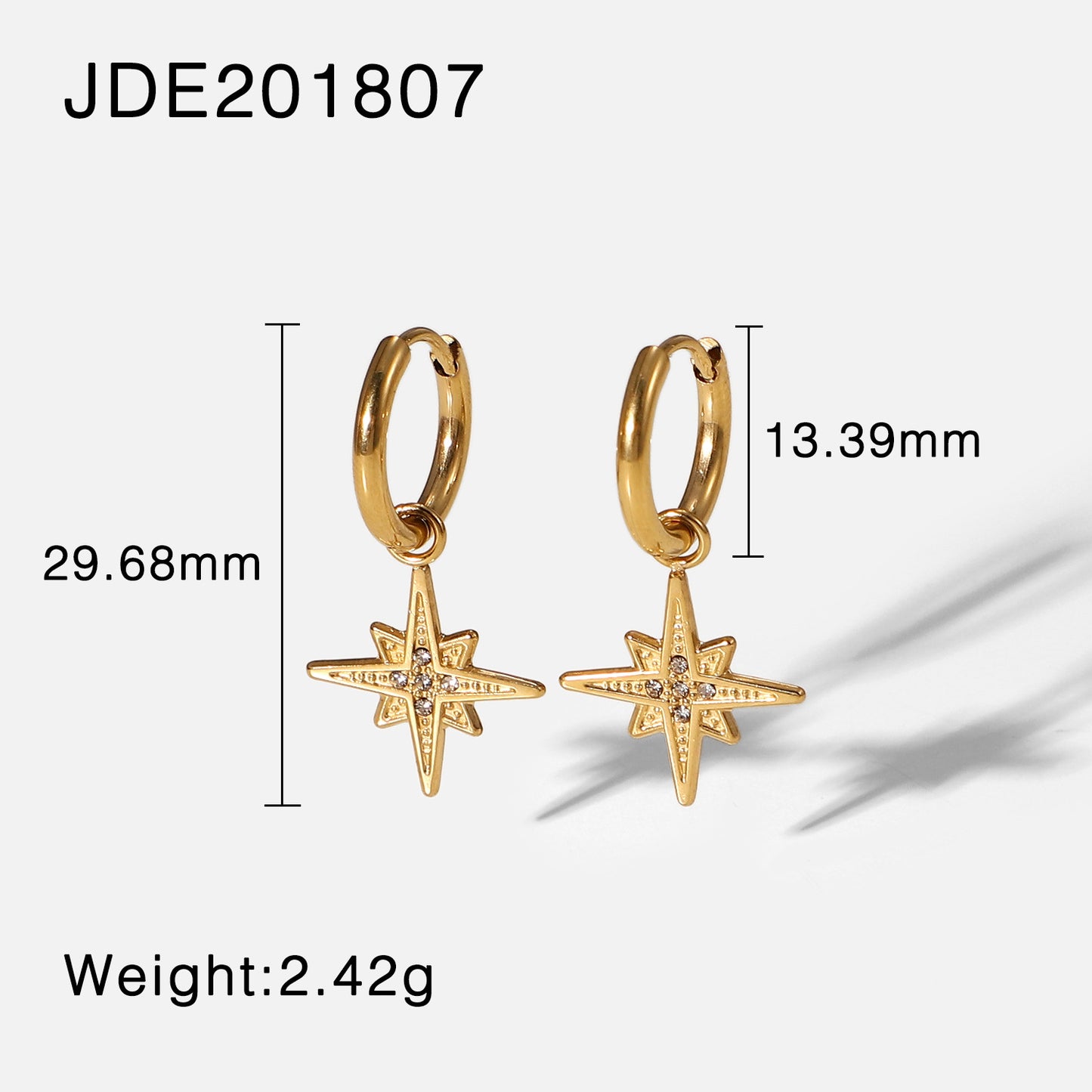 Creative 14K Gold Plated Stainless Steel Star Zircon Pendant Hoop Earrings