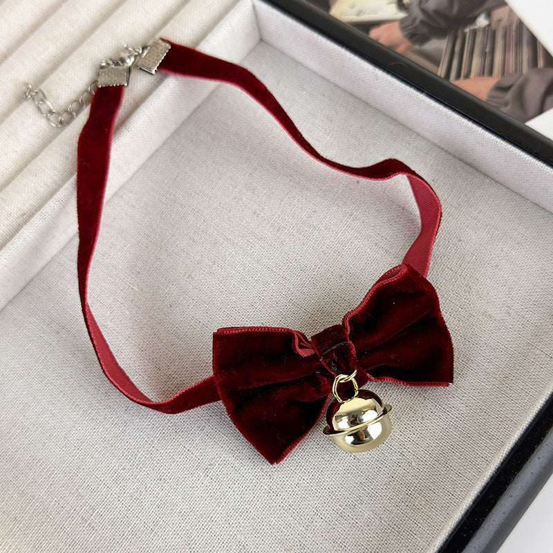 Elegant Velvet Bow Knot Choker Necklace with Bell Charm