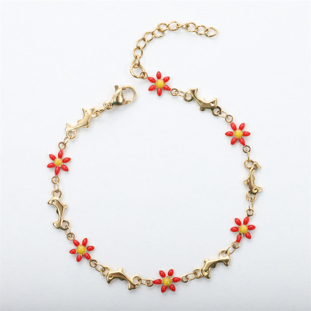 Daisy Dolphin Stainless Steel Bracelet Set with Colorful Enamel and 18k Gold Plating