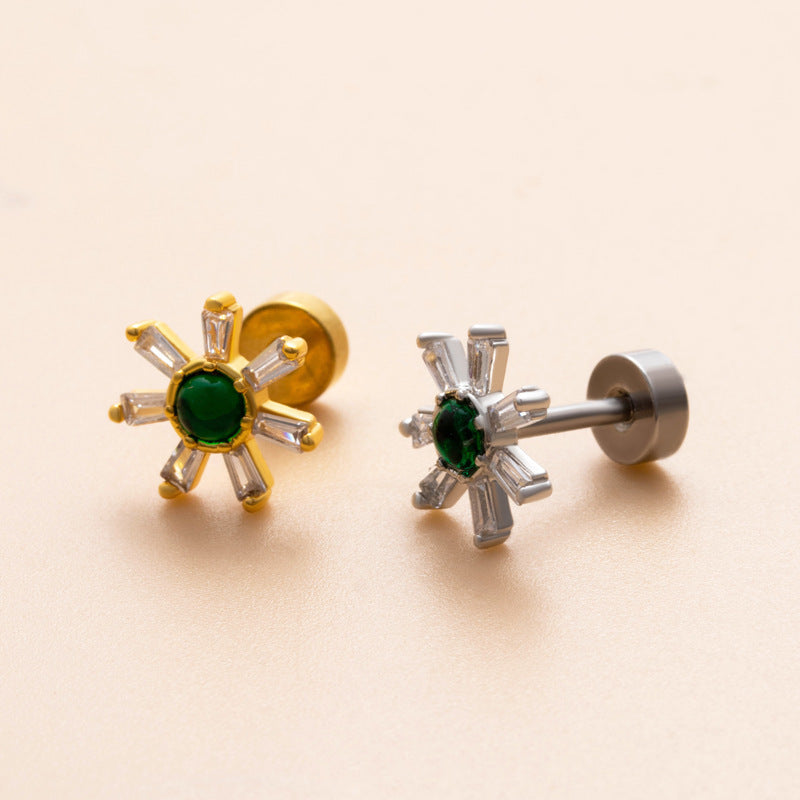 18K Gold Plated Geometric Flower Zircon Ear Cartilage Studs with Stainless Steel Rod