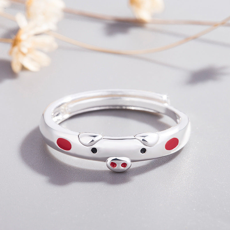 Silver-Plated Cute Piggy Adjustable Couple Ring