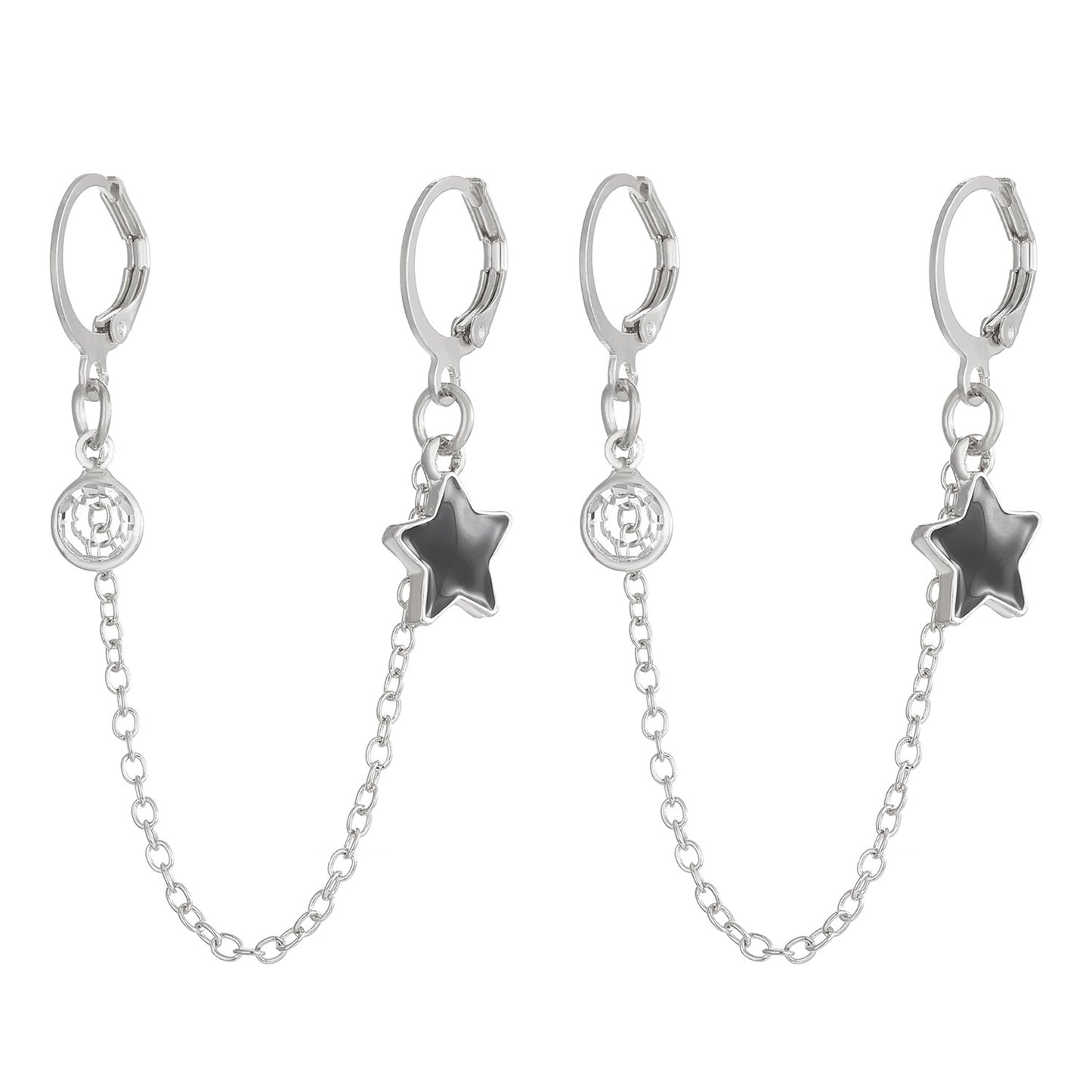 Pentagram Enamel Rhinestone Drop Earrings - Black Star Design