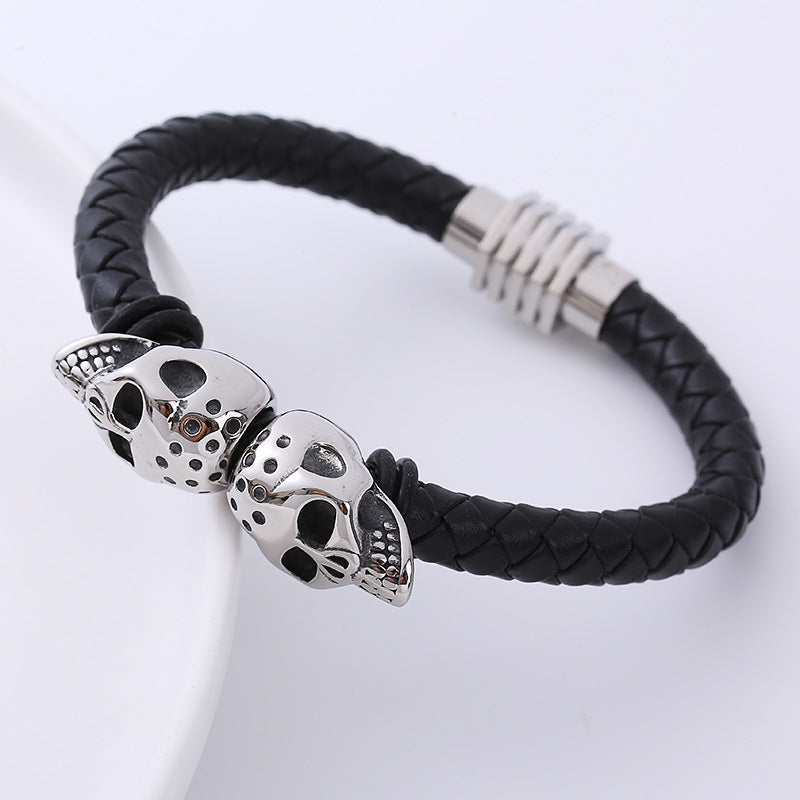 Men's Skull Stainless Steel Leather Bracelet - Woven Titanium Steel Design