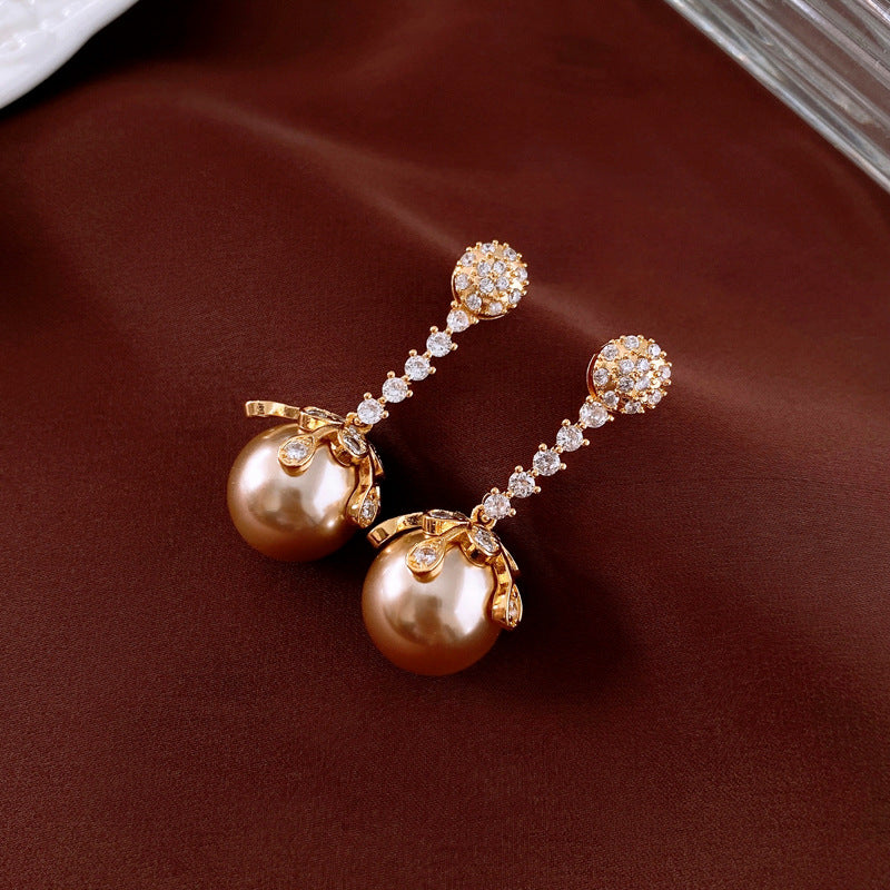 Elegant Geometric Zirconia Pearl Drop Earrings with Gold Plating