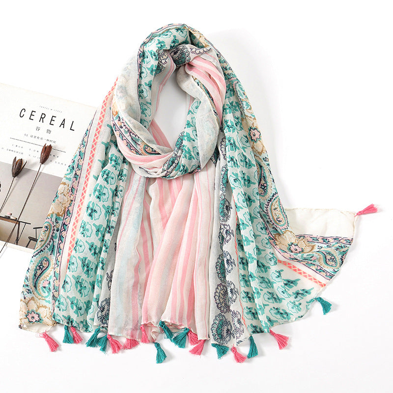 Women's Vintage Bohemian Floral Cotton Linen Print Scarf with Tassels