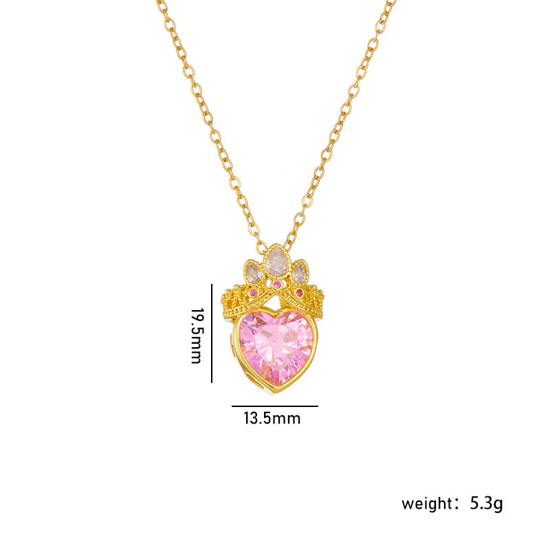 Gold Plated Heart Crown Pendant Necklace - Titanium Steel Pink Clavicle Chain