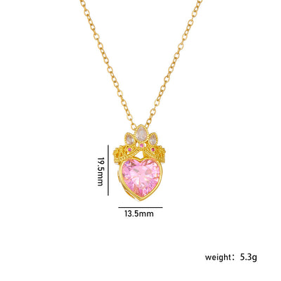 Gold Plated Heart Crown Pendant Necklace - Titanium Steel Pink Clavicle Chain