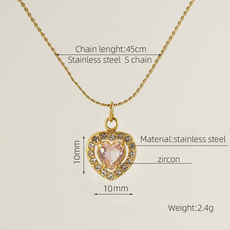 Glam Shiny Heart Shape Zircon Inlay 18K Gold Plated Stainless Steel Layered Pendant Necklace