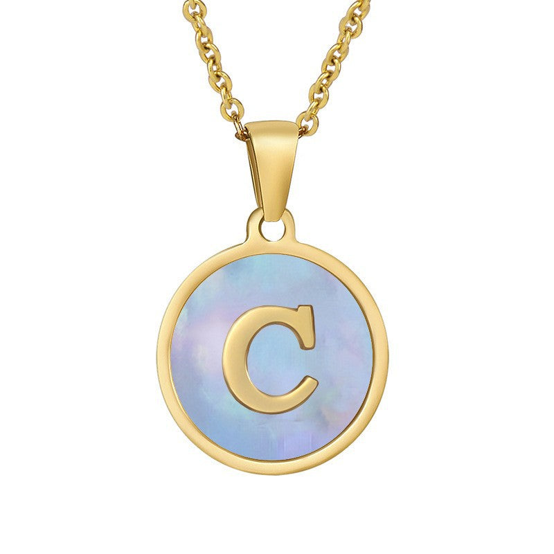 Titanium Steel Blue Shell Initial Pendant Necklace