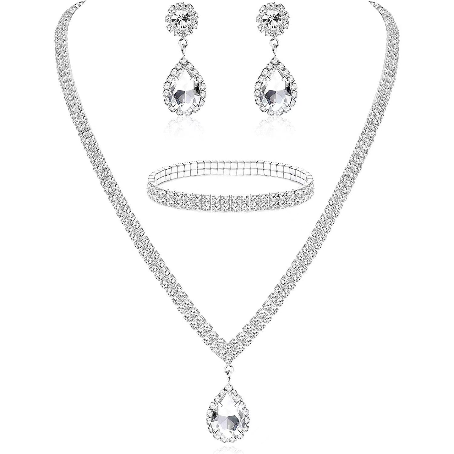 Fashion Rhinestone Jewelry Set: Water Droplets Flower Necklace, Earrings, and Bracelet for Wedding Bridal Accessories