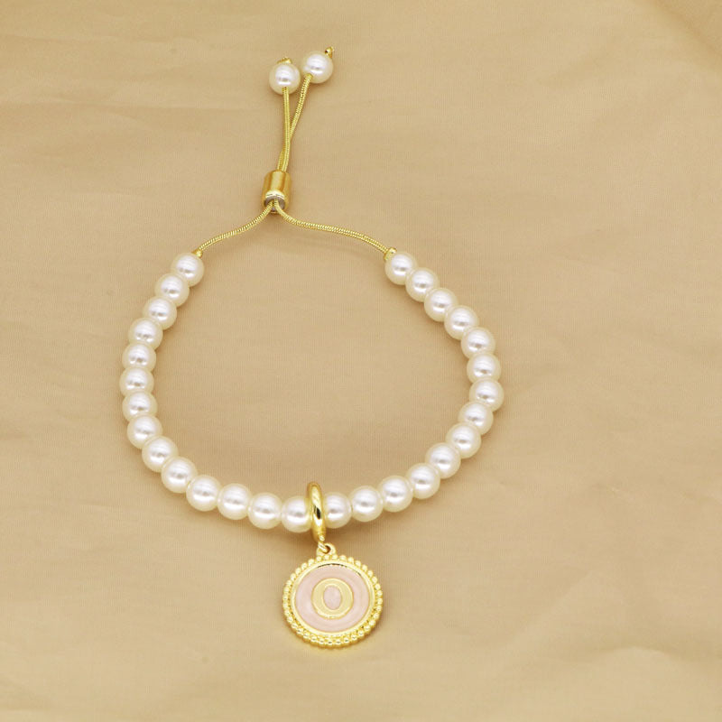 18K Gold Plated Adjustable Letter Pendant Imitation Pearl Bracelet