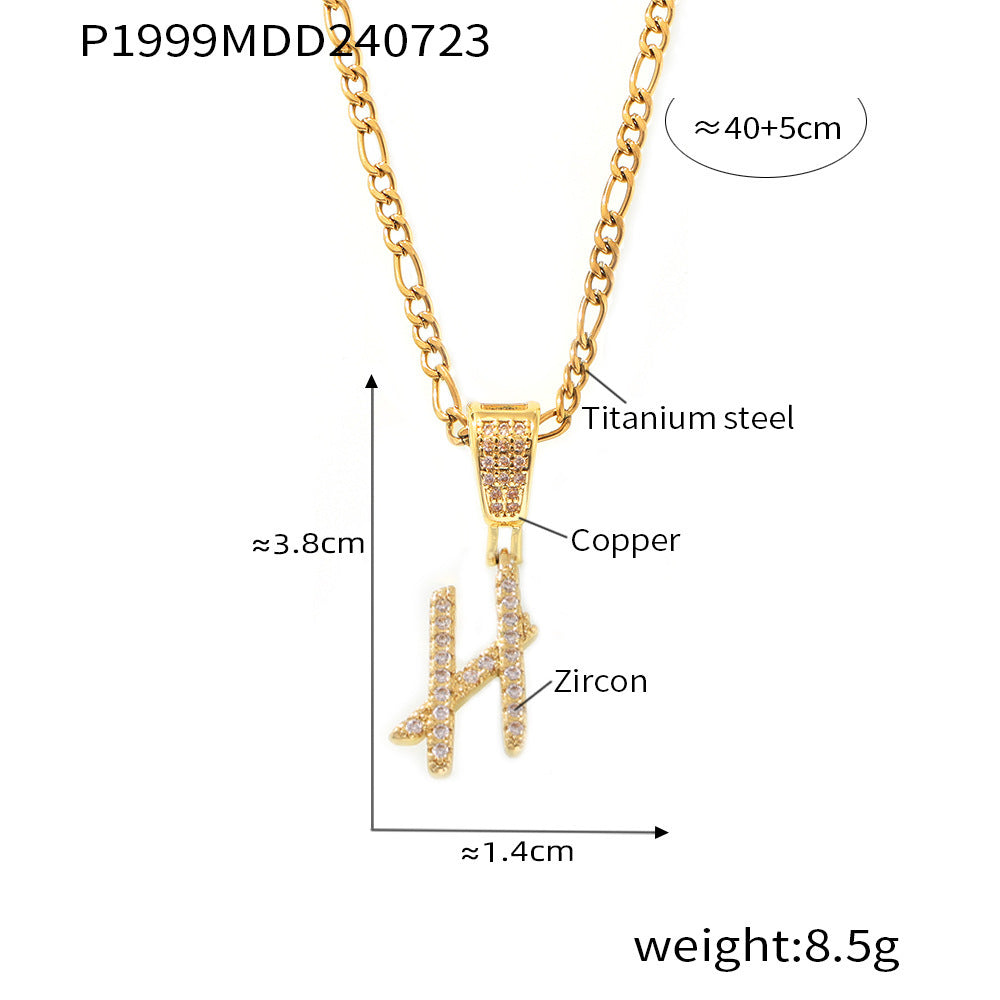 18K Gold Plated Titanium Steel Cursive Letter Pendant Necklace with Zircon Accents