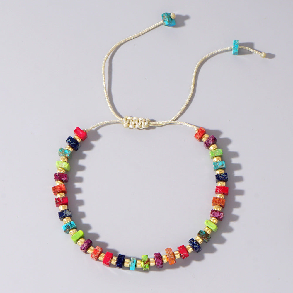 Minimalist Color Block Semi-Precious Stone Bracelet with Vintage Gold Beads