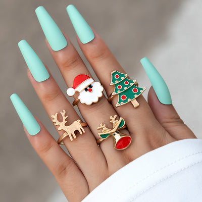 Cute Santa Claus Snowman Elk Enamel Alloy Ring Set for Women - 5 Pieces Holiday Collection