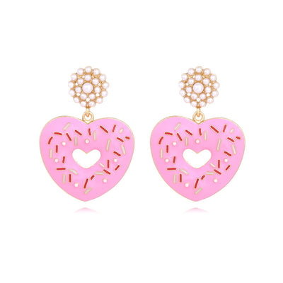 Cute Heart Shaped Enamel Pearl Drop Earrings for Women