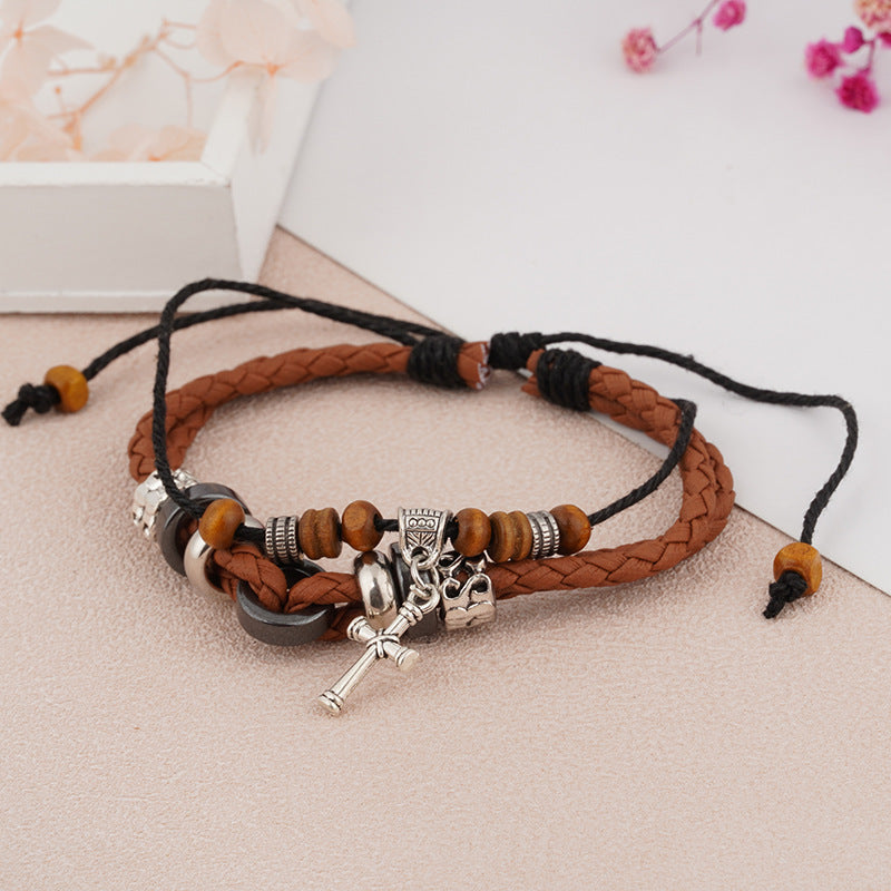 Vintage Ethnic Cross Leaf Alloy Wooden Bead Unisex Bracelet - European Retro Cowhide Handwoven Fashion