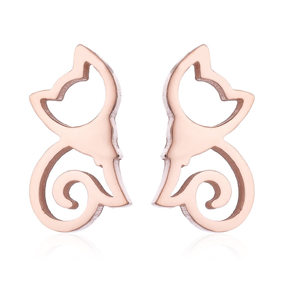 Fashion Stainless Steel Animal Ear Studs - Black Cat & Dog Design