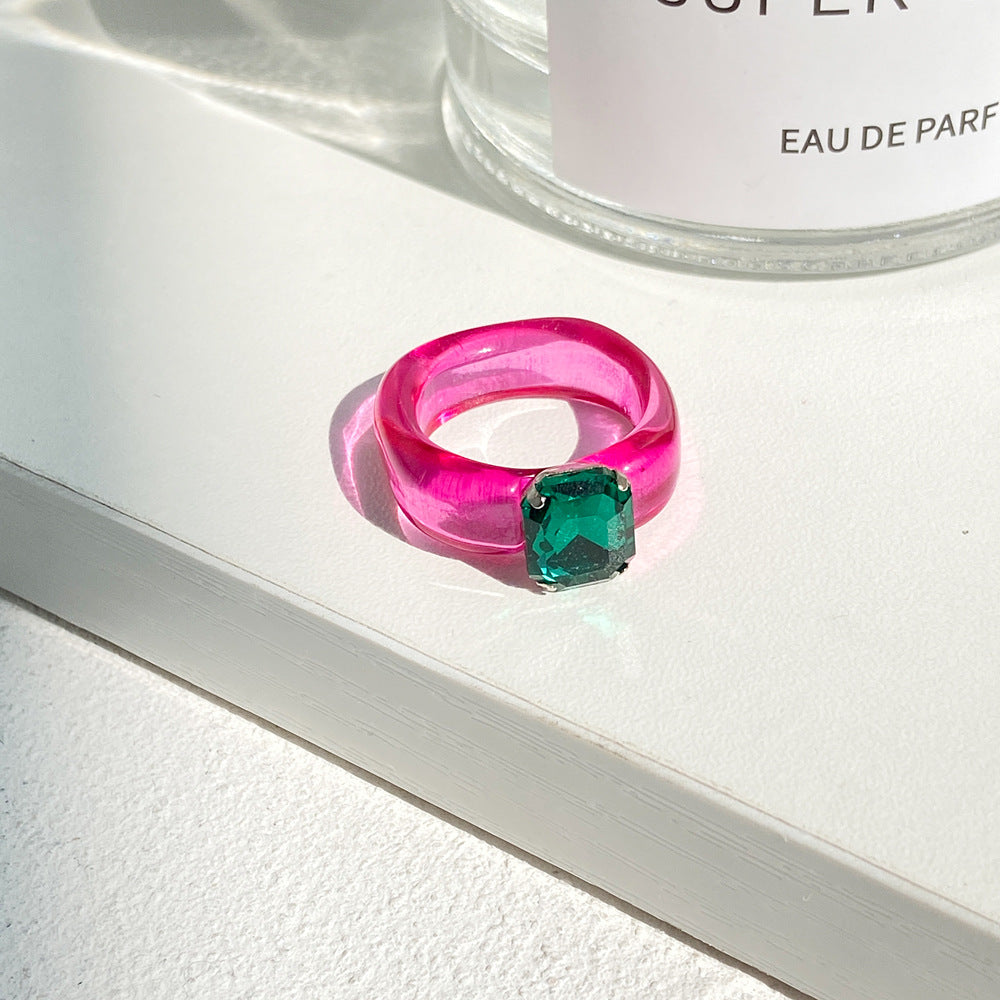 Retro Resin Acrylic Diamond Ring - Jelly Color Statement Piece